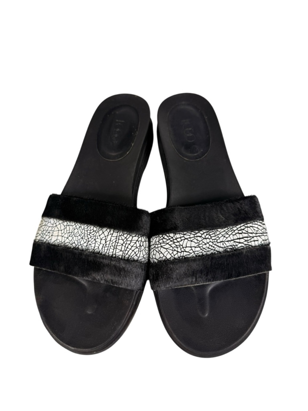 LOGO Lori Goldstein Black Gwyn Slides with Calf Hair Upper, Size 7